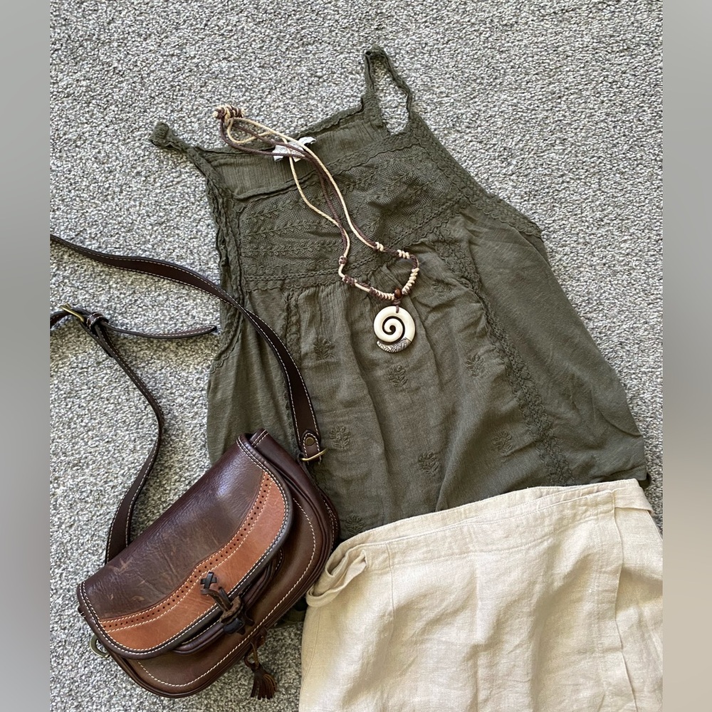 Lucky Brand Olive Khaki Green Crochet-Trim Tank Top with Lace Detail (L)